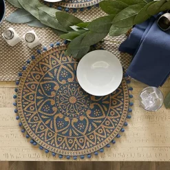 Hot Kirklands Home Blue and Natural Print Round Placemats, Set of 6