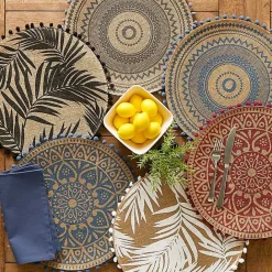 Hot Kirklands Home Blue and Natural Print Round Placemats, Set of 6