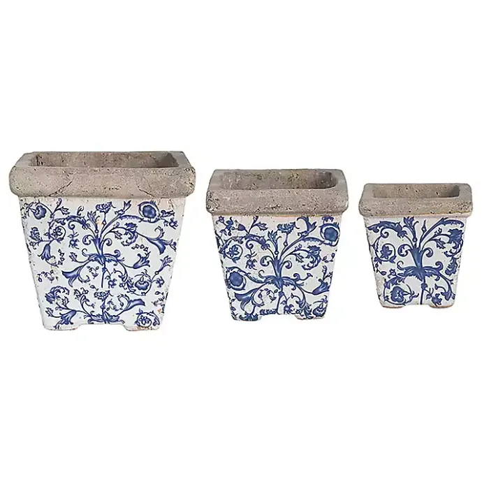 Kirklands Home Blue and White Ceramic Flower Pots, Set of 3