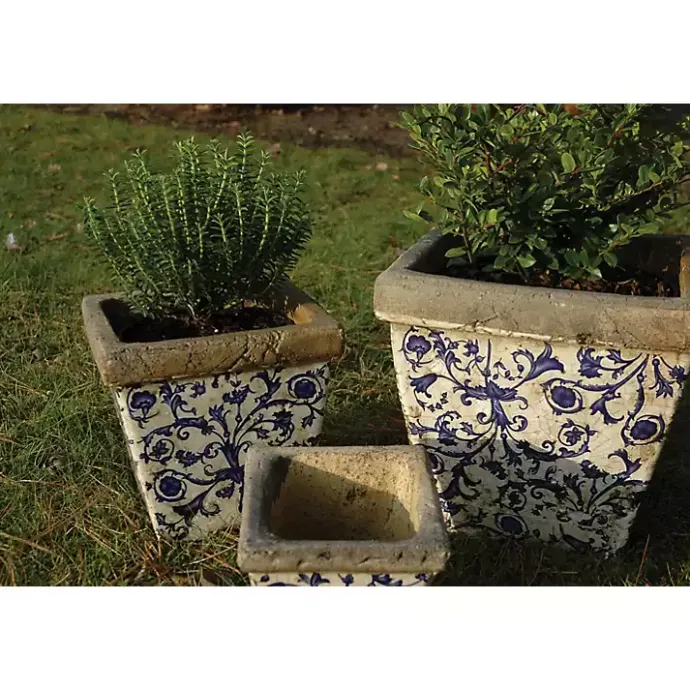 Kirklands Home Blue and White Ceramic Flower Pots, Set of 3