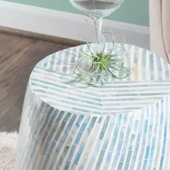 Kirklands Home Blue and White Mosaic Capiz Shell Drum End Table