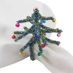 New Kirklands Home Blue Beaded Christmas Tree Napkin Rings, Set of 4