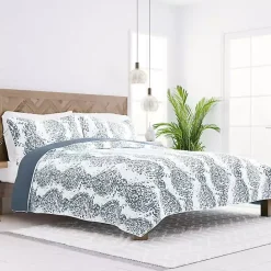 Outlet Kirklands Home Blue Damask Reversible 3-pc. Queen Quilt Set