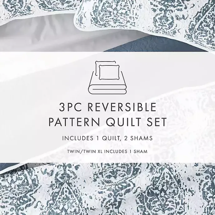 New Kirklands Home Blue Damask Reversible 3-pc. King Quilt Set