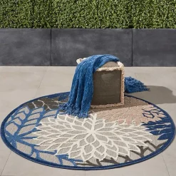 Best Kirklands Home Blue Floral Burst Round Outdoor Area Rug, 5x5