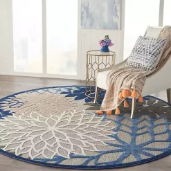 Outlet Kirklands Home Blue Floral Burst Round Outdoor Area Rug, 7x7