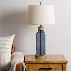 Kirklands Home Blue Glass with Wood Trim Table Lamp Ivory
