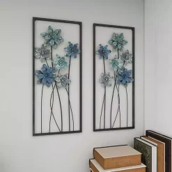 Kirklands Home Metal Floral Panel Wall Plaques, Set of 2 Blue