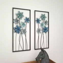 Kirklands Home Metal Floral Panel Wall Plaques, Set of 2 Blue