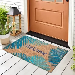 New Kirklands Home Blue Palm Fronds Welcome Coir Doormat