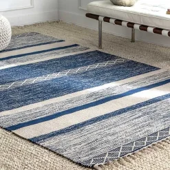 Discount Kirklands Home Seabrook Striped Fringe Wool Area Rug, 7x9 Blue