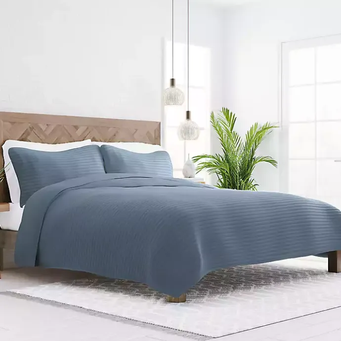 New Kirklands Home Stitched Stripes 3-pc. Queen Quilt Set Blue