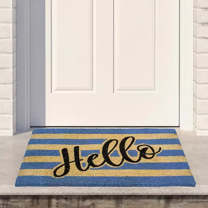 New Kirklands Home Blue Striped Hello Doormat