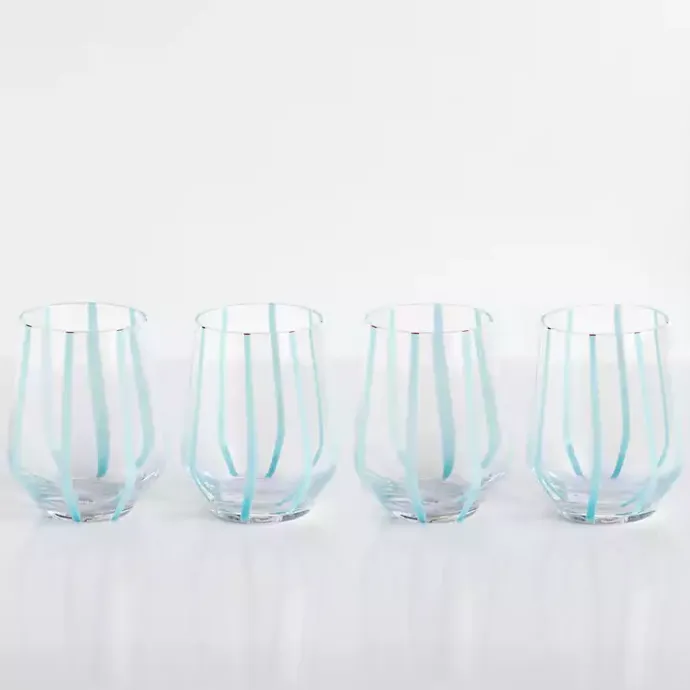 Sale Kirklands Home Blue Striped Stemless Wine Glasses, Set of 4