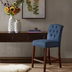 New Kirklands Home Tufted Upholstered Wood Counter Stool Blue