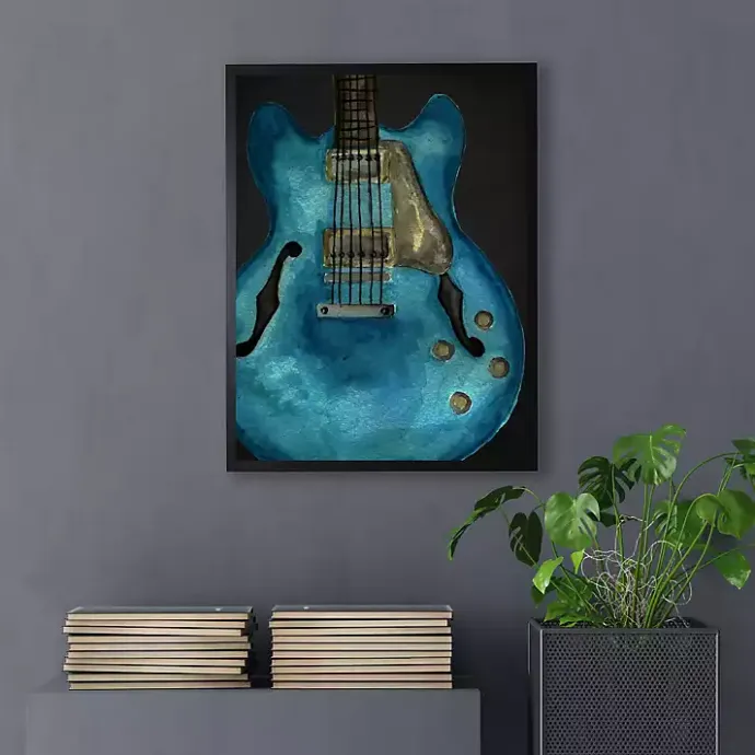 Hot Kirklands Home Blue Watercolor Guitar Framed Art Print