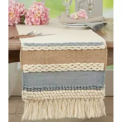 Discount Kirklands Home Boho Blue and Cream Woven Wool Table Runner