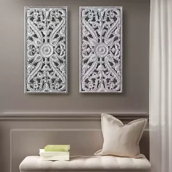 Sale Kirklands Home Botanical Wood Carved Panel Wall Plaques, Set of 2 White