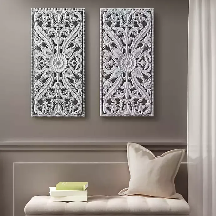 Sale Kirklands Home Botanical Wood Carved Panel Wall Plaques, Set of 2 White