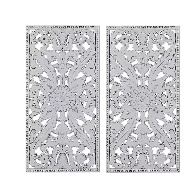 Sale Kirklands Home Botanical Wood Carved Panel Wall Plaques, Set of 2 White