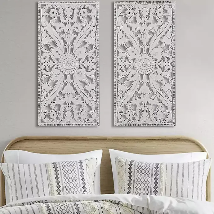 Sale Kirklands Home Botanical Wood Carved Panel Wall Plaques, Set of 2 White