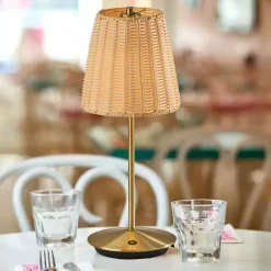 Hot Kirklands Home Brass Metal Rattan Shade Cordless Table Lamp Gold