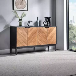 Hot Kirklands Home Brown and Black Wood Chevron 4-Door Sideboard