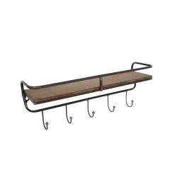 Hot Kirklands Home Brown Metal Frame Wood Wall Shelf with Hooks