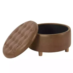 Best Kirklands Home Round Faux Leather Tufted Storage Ottoman Brown
