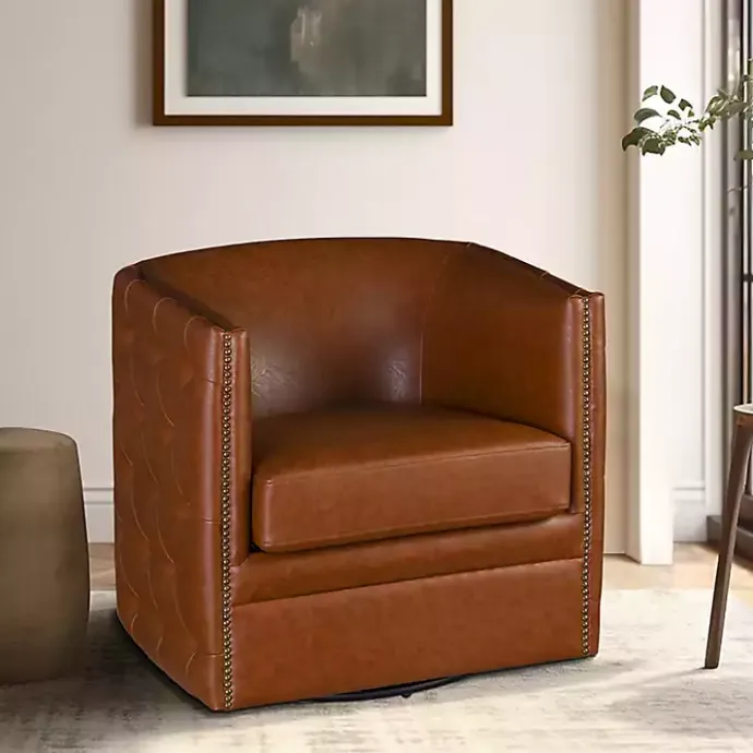 Online Kirklands Home Tufted Faux Leather Barrel Swivel Chair Brown