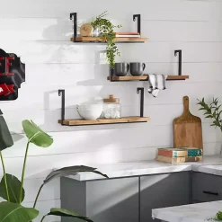 Hot Kirklands Home Brown Wood Black Metal Frame 3-pc. Wall Shelves