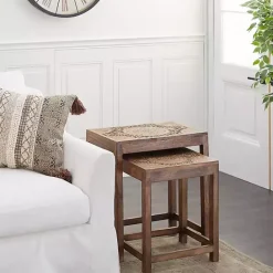 Kirklands Home Wood Carved Floral Nesting Tables, Set of 2 Brown