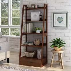 Best Kirklands Home Wood 5-Shelf Leaning Bookshelf Brown