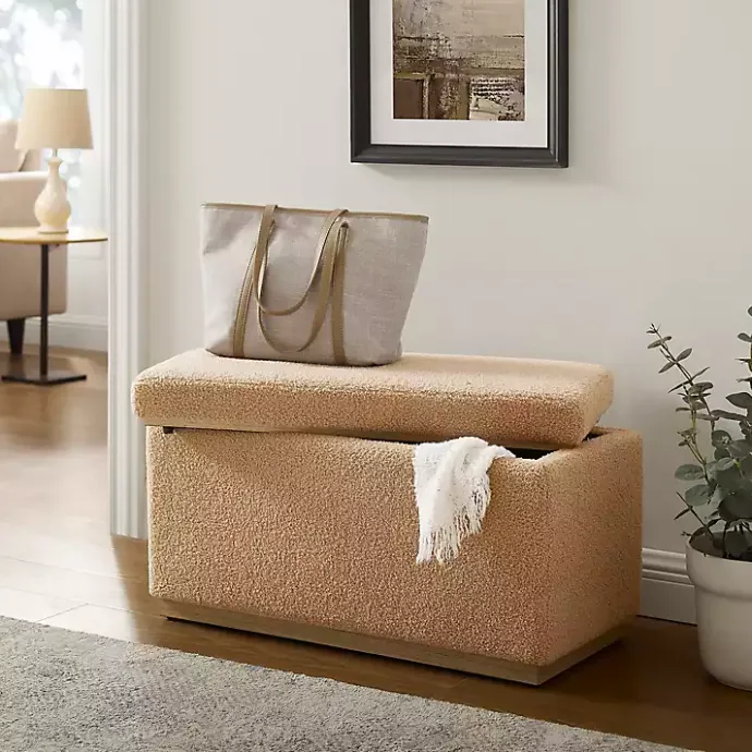New Kirklands Home Camel Sherpa & Pine Recgle Storage Ottoman Tan
