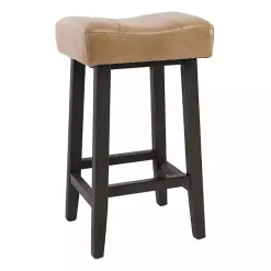 New Kirklands Home Camel Wood and Leather Backless Stool Tan