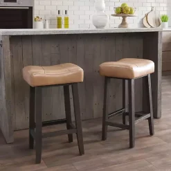 New Kirklands Home Camel Wood and Leather Backless Stool Tan