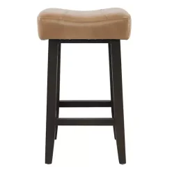 New Kirklands Home Camel Wood and Leather Backless Stool Tan
