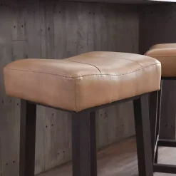 New Kirklands Home Camel Wood and Leather Backless Stool Tan