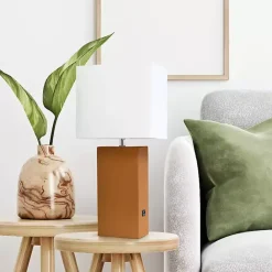 Clearance Kirklands Home Caramel Faux Leather Charging Table Lamp Tan
