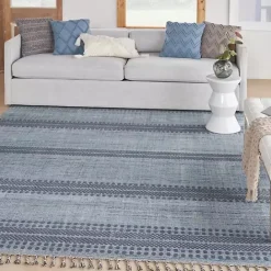 New Kirklands Home Charcoal and Blue Stripes Fringe Area Rug, 7x10