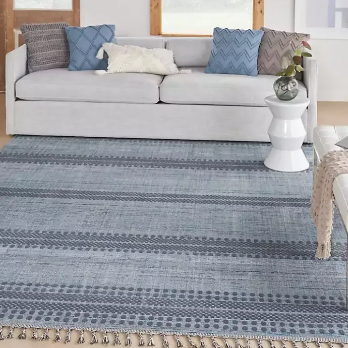 New Kirklands Home Charcoal and Blue Stripes Fringe Area Rug, 7x10