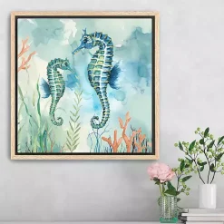Hot Kirklands Home Coastal Bay Seahorses Framed Canvas Art Print