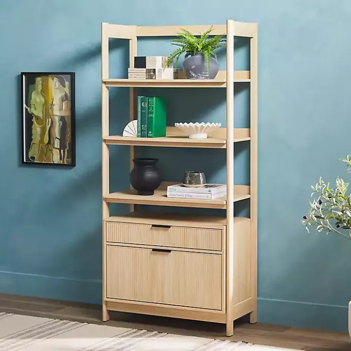 New Kirklands Home Coastal Oak 2-Drawer Modern Wood Bookcase Tan