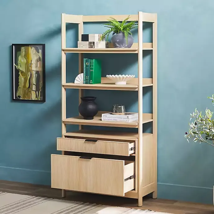 New Kirklands Home Coastal Oak 2-Drawer Modern Wood Bookcase Tan