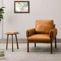 Hot Kirklands Home Cognac Faux Leather and Wood Accent Chair Tan