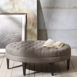 Kirklands Home Cory Tufted Beige Linen Ottoman Gray