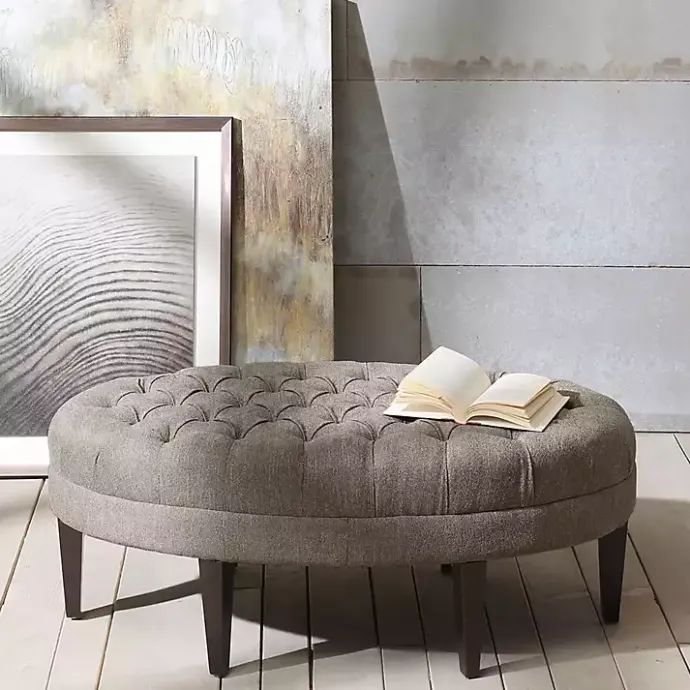 Kirklands Home Cory Tufted Beige Linen Ottoman Gray