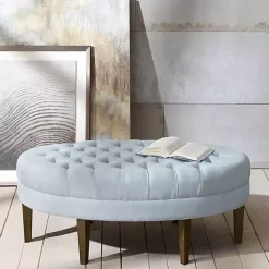 New Kirklands Home Cory Tufted Dusty Linen Ottoman Blue