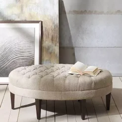 Hot Kirklands Home Cory Tufted Natural Linen Ottoman Tan