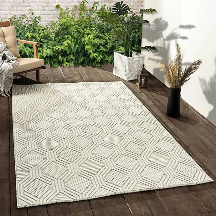 Clearance Kirklands Home Cream and Blue Geo Indoor/Outdoor Area Rug, 7x9